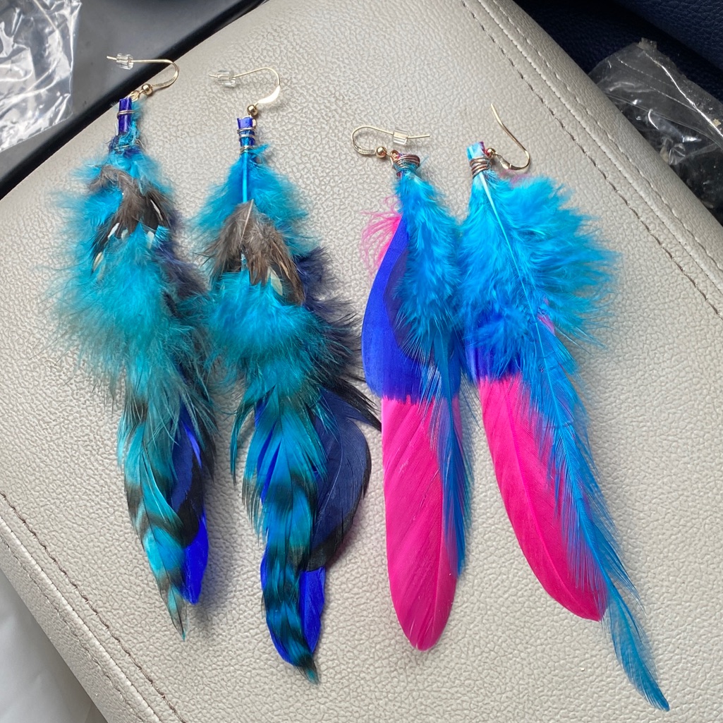 Handmade Real Feather Earrings 5” Pink Blue Black